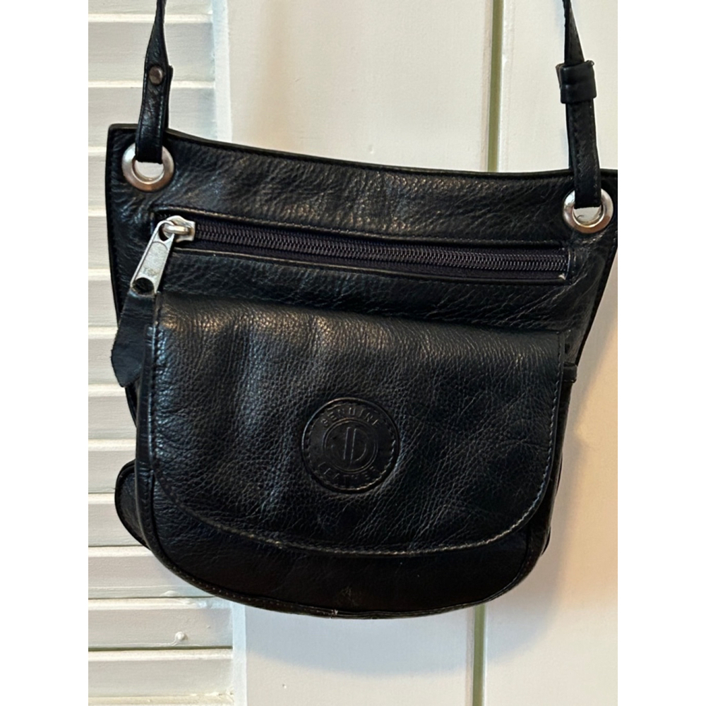 Vintage TSF Black Leather Crossbody Bag Adjustable Strap